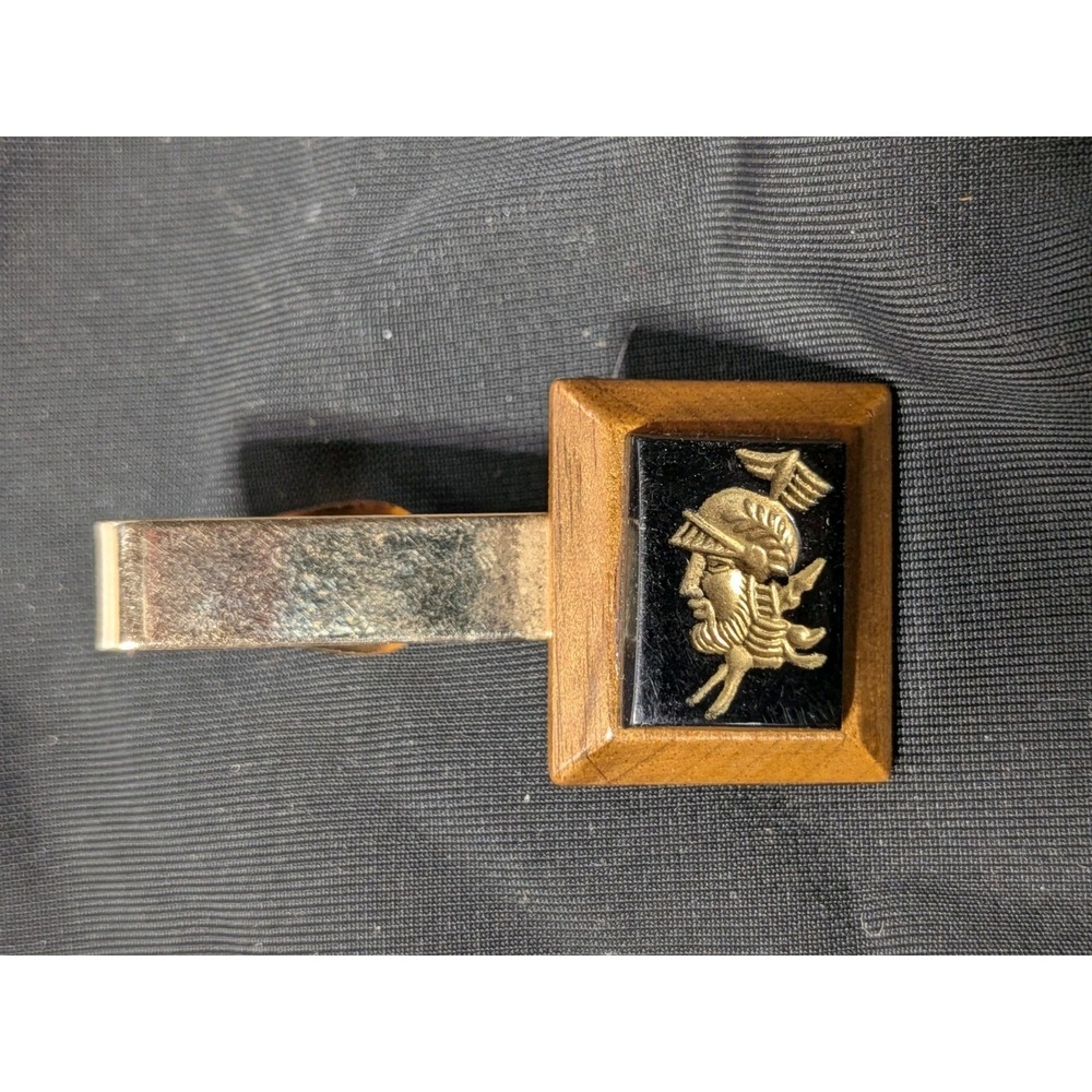 Vintage Gold Tone Trojan Knight Helmet Tie Clip Wood and Black Onyx Style Accent